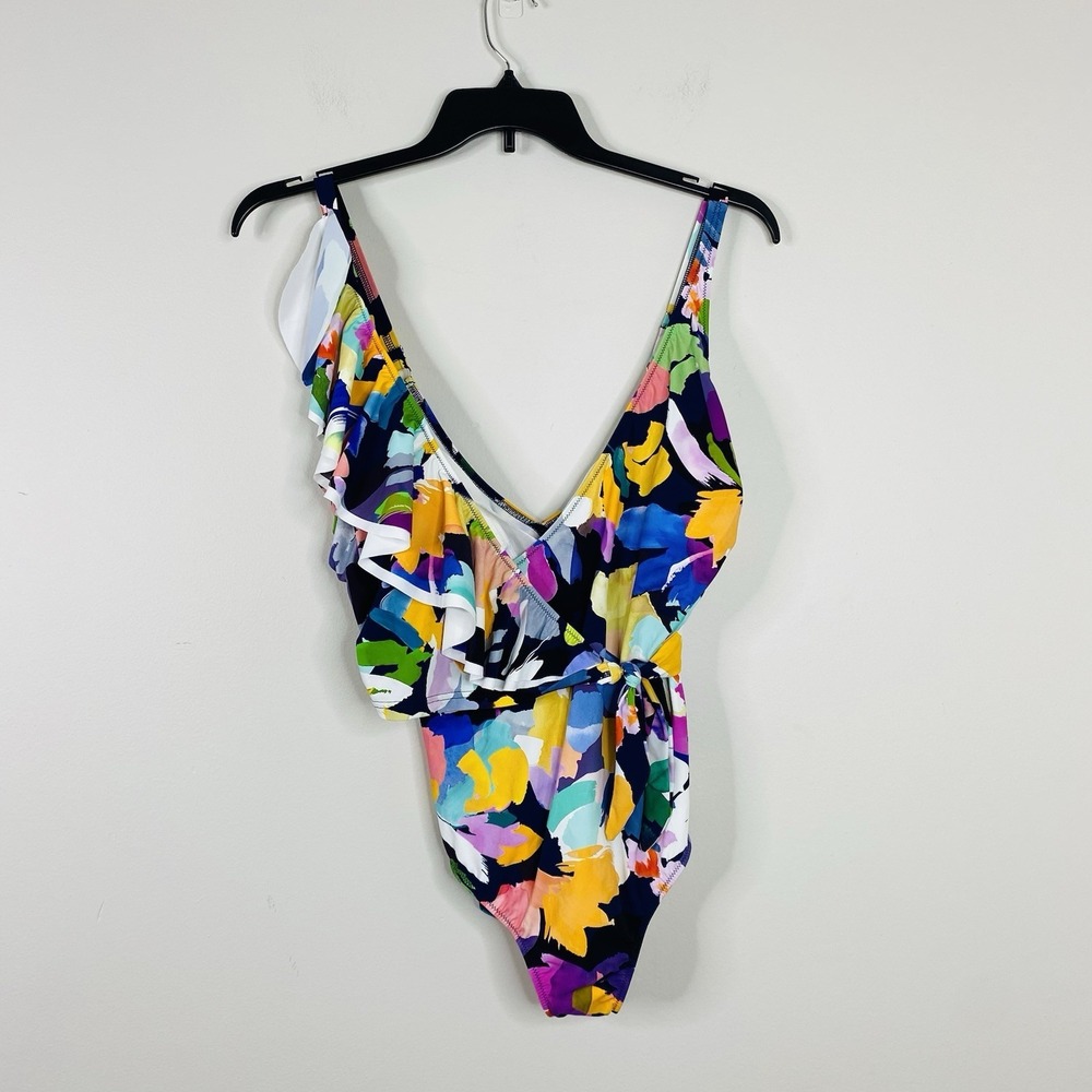 Profile by Gottex Holi Ruffle V Neck One Piece Swimsuit Floral‎ Tie Knot Size 14